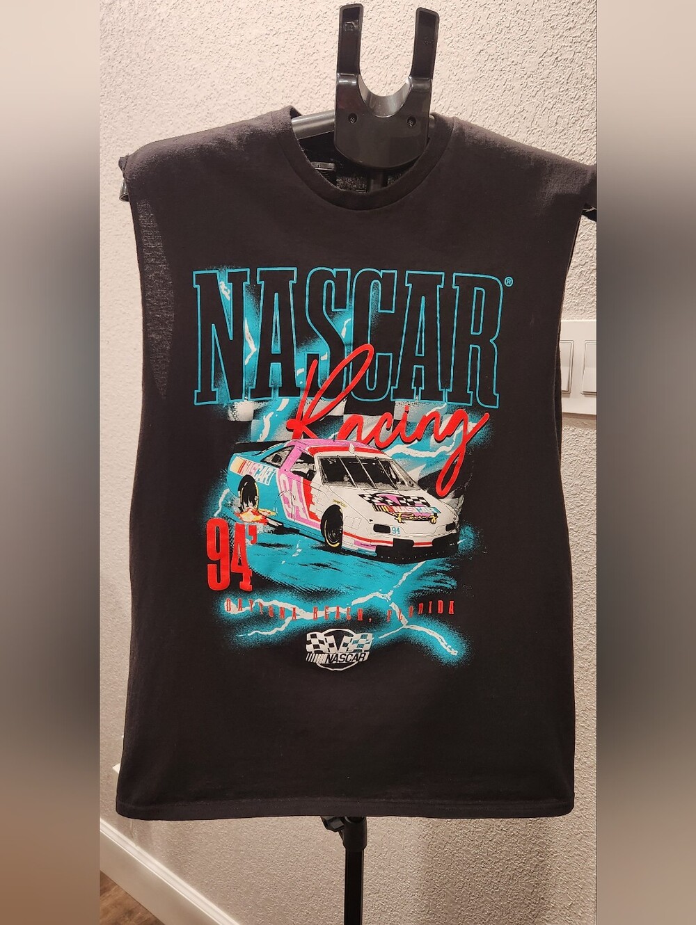 Men's Nascar Black Tank Top with Teal, Red and Pink Racing Graphic - Medium